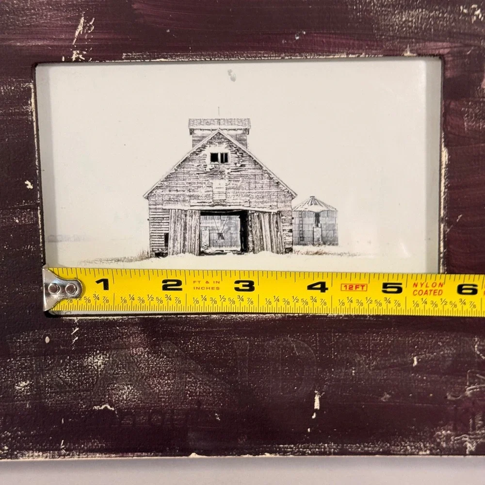 Rustic Farmhouse Barn Art Print Distressed Hand Painted Burgundy Frame 8x9.5